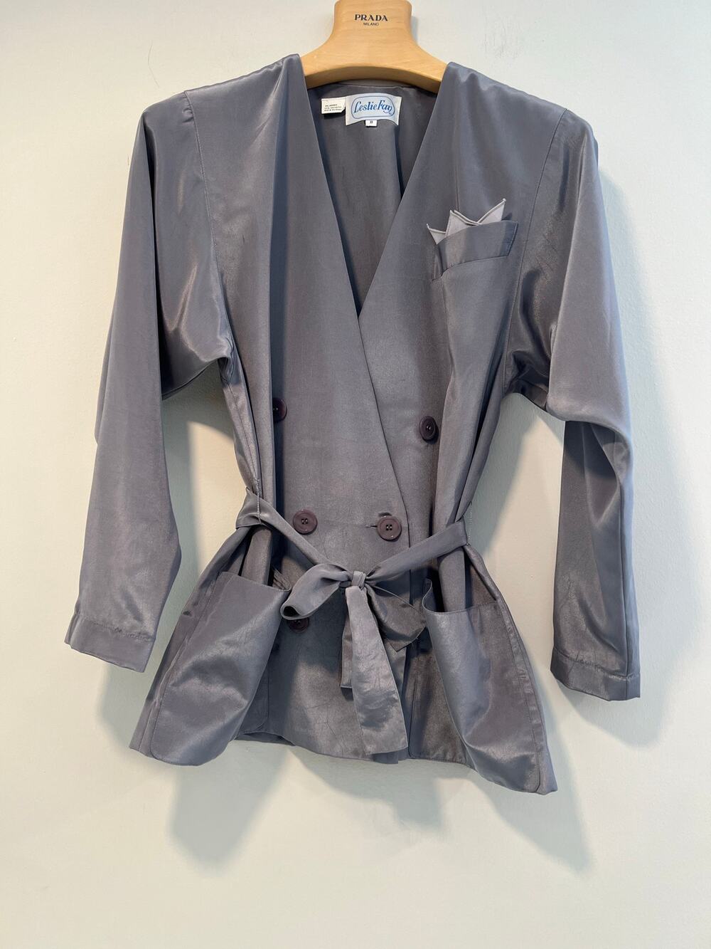 VTG Leslie Fay Metallic Silver Double Breasted Blazer Blouse Tie Belt Size 8 SG